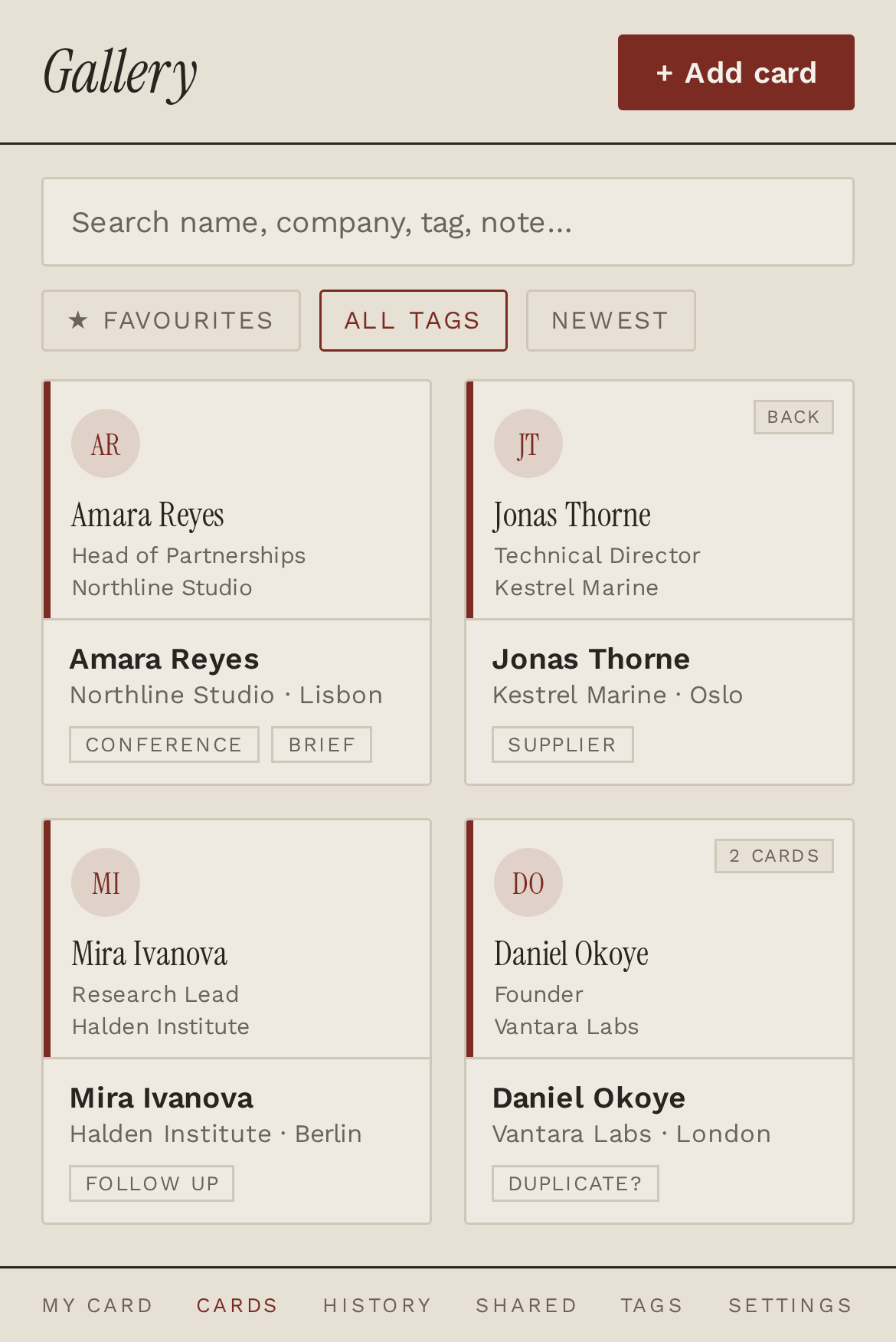 The catchcard.ai gallery screen showing saved business cards with search, tags and duplicate flags