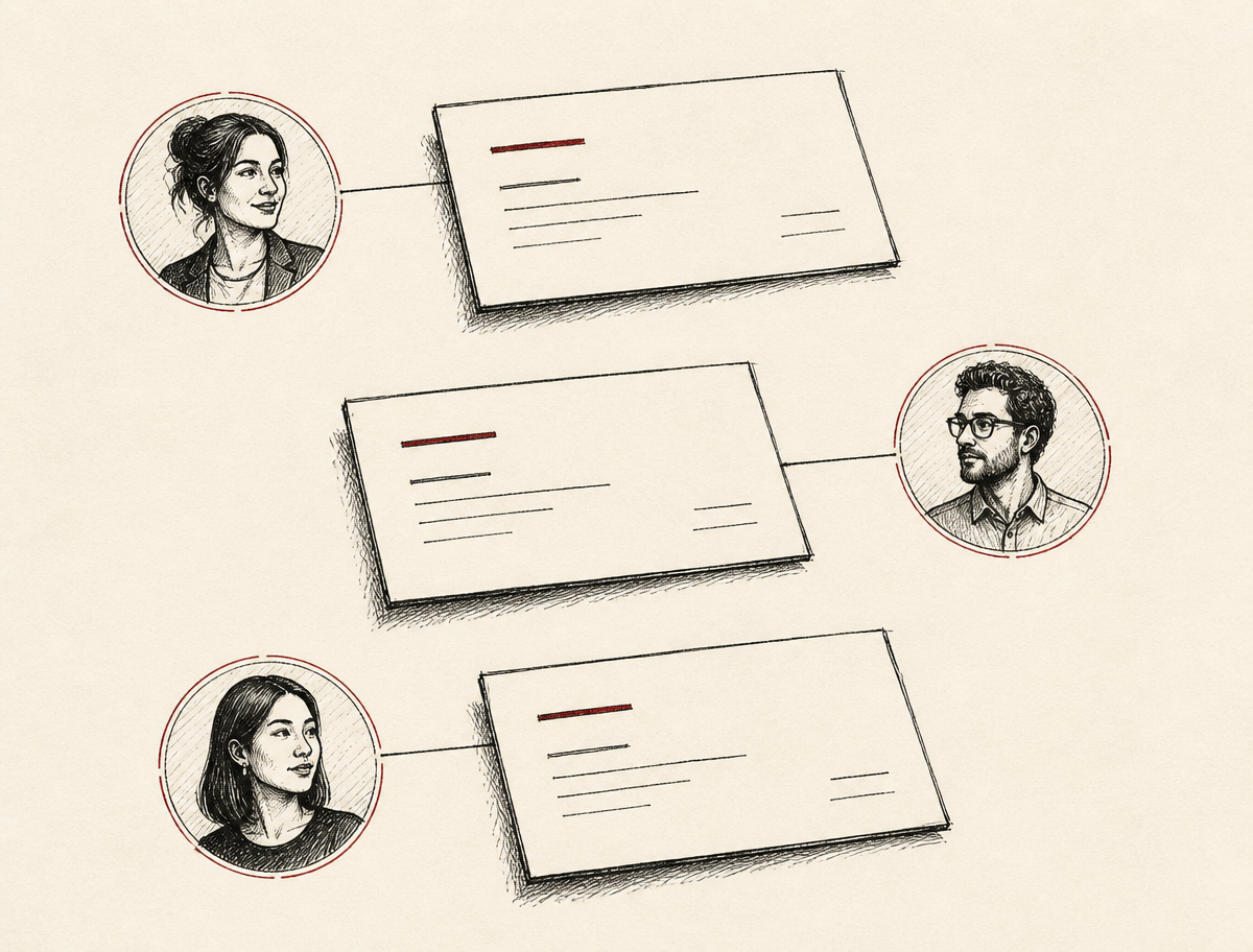 Ink sketch of three business cards, each linked to a small hand-drawn portrait beside it